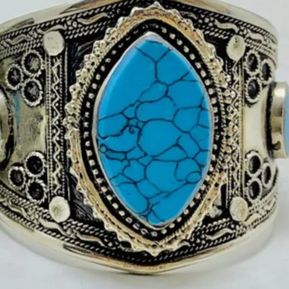 Single Ethnic Turquoise Stone Handcuff Bracelet-Afghan Kuchi Bracelet - Picture 12 of 16
